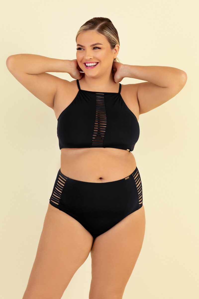 Maiô Best Seller Plus Size Com Decote Tiras Vazadas Preto Mardu