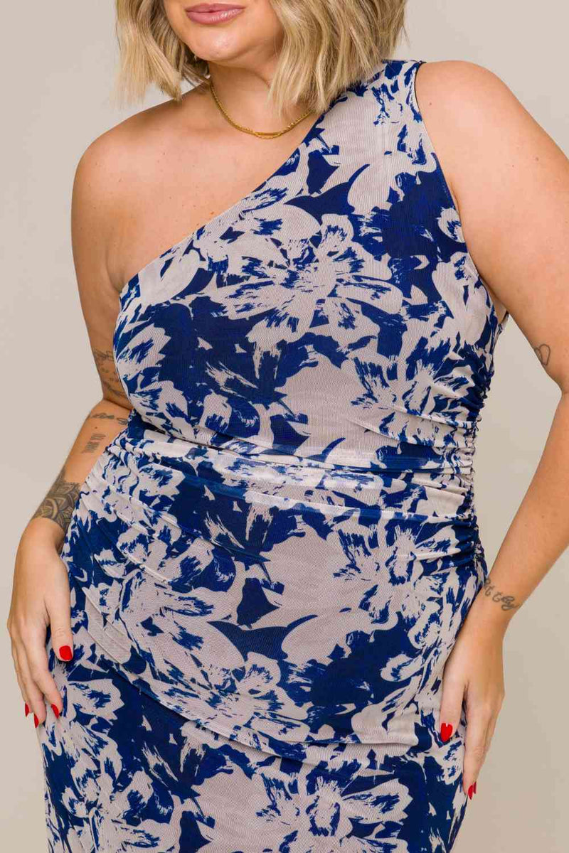 Vestido Midi um Ombro com Drapeados Dalila Estampado