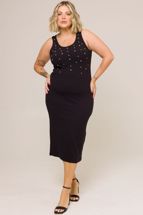 Vestido Midi Canelado com Strass Mirella Preto