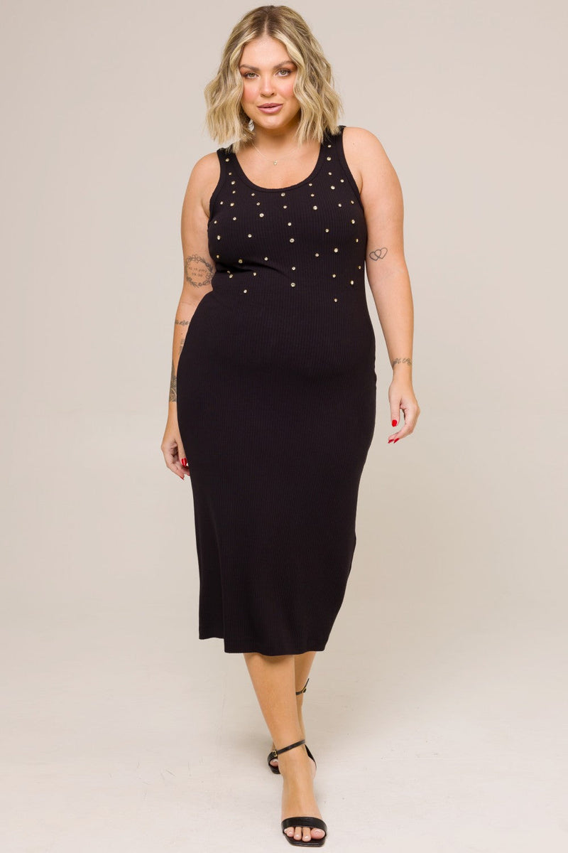 Vestido Midi Canelado com Strass Mirella Preto