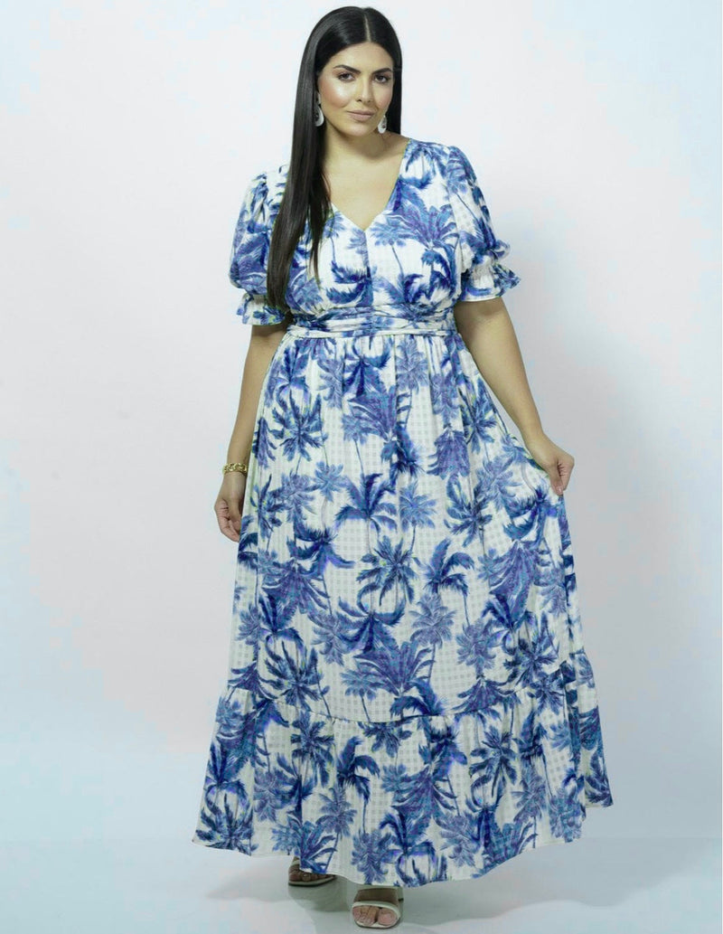 Vestido Crepe Estampa Folha Azul