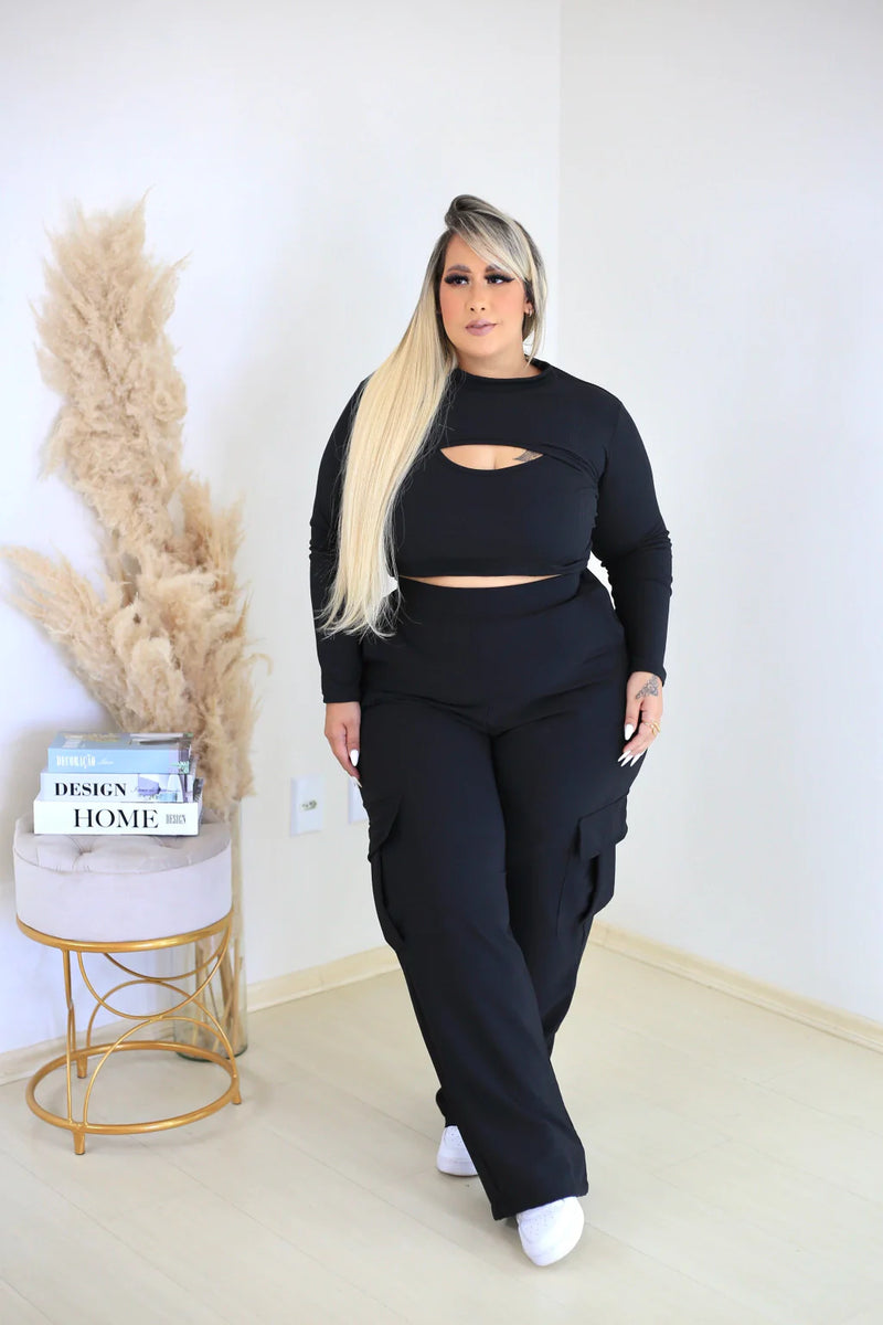 Conjunto Luciana Calça Cropped Preto Canelado