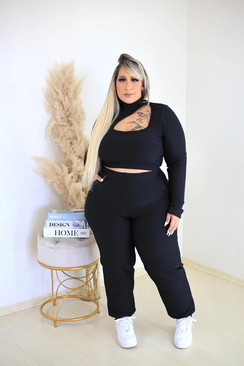 Conjunto Luciana Calça Cropped Preto Canelado